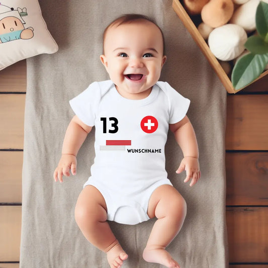 Fussball Schweiz - Personalisierter Baby-Onesie/ Strampler, Trikot mit anpassbarem Namen und Trikotnummer, 100% Bio-Baumwolle Baby Body