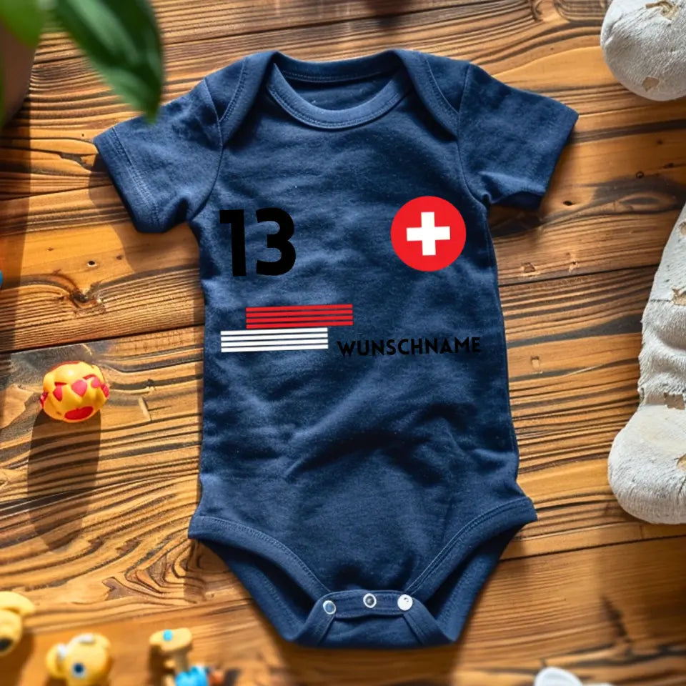 Fussball Schweiz - Personalisierter Baby-Onesie/ Strampler, Trikot mit anpassbarem Namen und Trikotnummer, 100% Bio-Baumwolle Baby Body