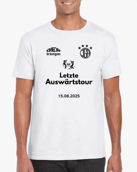 Letzte Auswärtstour, JGA Shirt Bräutigam + TEAM Personalisiertes Junggesellen-Abschieds-Shirt (100% Baumwolle, Unisex)