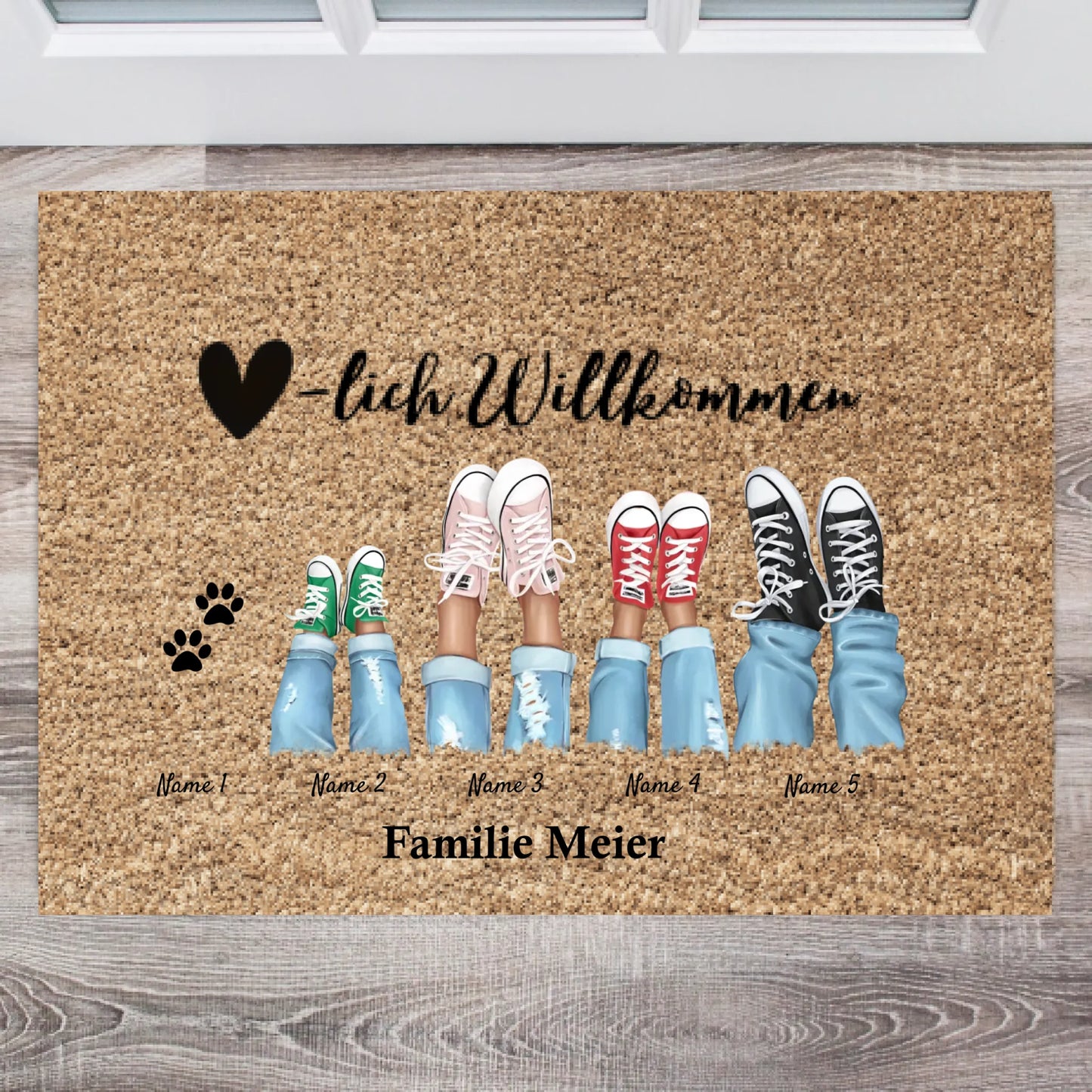 Herzlich Willkommen - Personalisierte Fußmatte für innen & aussen (2-8 Personen, Kinder & Haustiere) Grau