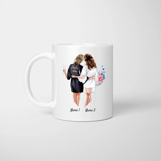 Novia con Dama de Honor / Dama de Honor en vestidos de raso - Taza personalizada de compromiso / boda