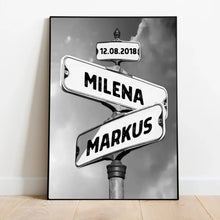 Cargar imagen en el visor de la galería, Straßenschild Pärchen Vintage - Personalisiertes Poster oder Leinwand Schwarz-Weiss
