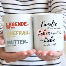 Cargar imagen en el visor de la galería, Mama, Legende seit - Personalisierte Tasse für Mütter, Ehefrauen, Großmütter (Mama seit, Oma seit, Jahreszahlen)
