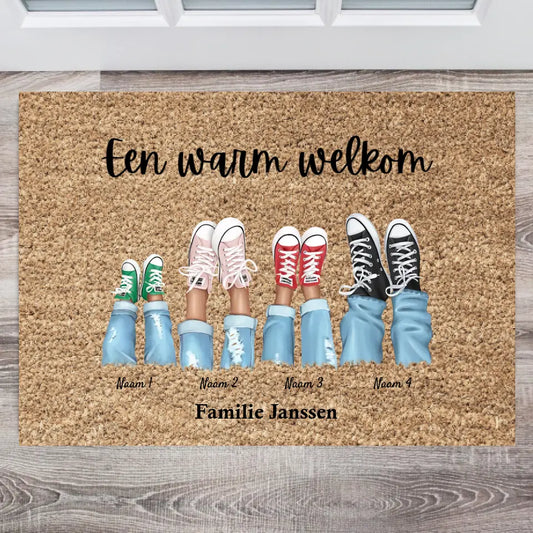 Een warm welkom - Persoonlijke familie deurmat (1-8 personen, kinderen, huisdieren)