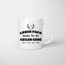 Cargar imagen en el visor de la galería, Lieber Papa, danke für die geilen Gene - Personalisierte Tasse für Väter (Vatertag 1-4 Kinder)
