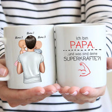 Cargar imagen en el visor de la galería, Ich bin Papa und was sind deine Superkräfte? - Personalisierte Tasse für Väter (Vatertag 1-4 Kinder)
