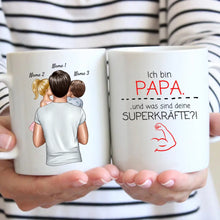 Cargar imagen en el visor de la galería, Ich bin Papa und was sind deine Superkräfte? - Personalisierte Tasse für Väter (Vatertag 1-4 Kinder)
