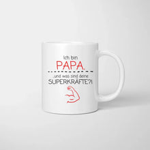 Cargar imagen en el visor de la galería, Ich bin Papa und was sind deine Superkräfte? - Personalisierte Tasse für Väter (Vatertag 1-4 Kinder)
