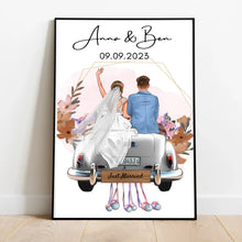 Cargar imagen en el visor de la galería, &quot;Just Married&quot; Personalisiertes Poster zur Hochzeit - Für Ehepaare, Braut &amp; Bräutigam, Geldgeschenk, Hochzeitsgeschenk

