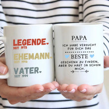 Cargar imagen en el visor de la galería, Papa, Legende seit - Personalisierte Tasse für Väter, Großväter (Vater seit, Opa seit, Jahreszahlen)
