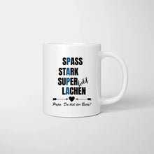 Cargar imagen en el visor de la galería, Papa Tasse: Spass, Stark, Superheld &amp; Lachen - Personalisierte Tasse (Vater mit 1-4 Kinder)
