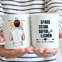 Cargar imagen en el visor de la galería, Papa Tasse: Spass, Stark, Superheld &amp; Lachen - Personalisierte Tasse (Vater mit 1-4 Kinder)
