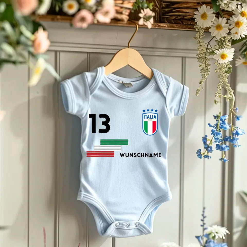 Fussball Italien - Personalisierter Baby-Onesie/ Strampler, Trikot mit anpassbarem Namen und Trikotnummer, 100% Bio-Baumwolle Baby Body