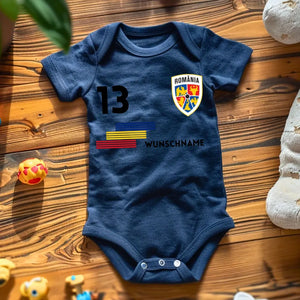 2024 Fussball EM Rumänien - Personalisierter Baby-Onesie/ Strampler, Trikot mit anpassbarem Namen und Trikotnummer, 100% Bio-Baumwolle Baby Body