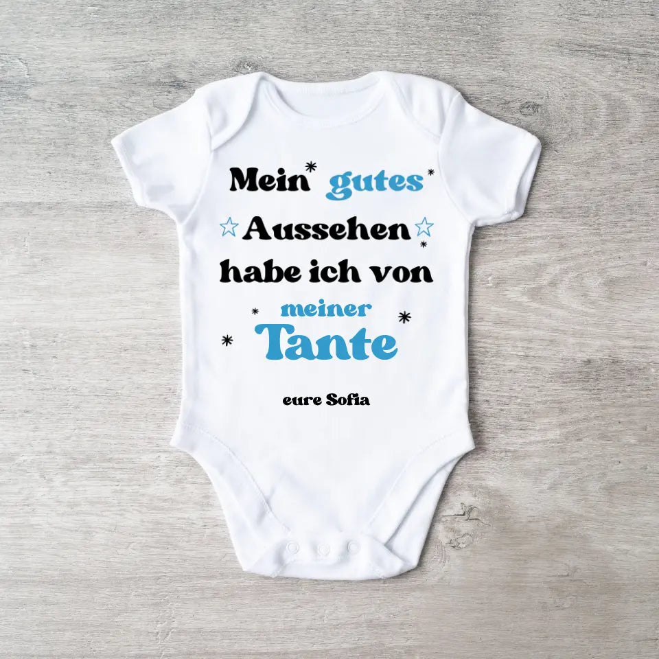 Mein gutes Aussehen habe ich von meiner TANTE - Personalisierter Baby-Onesie/ Strampler, Geburt Onkel, Tante, Oma, Opa, 100% Bio-Baumwolle Body