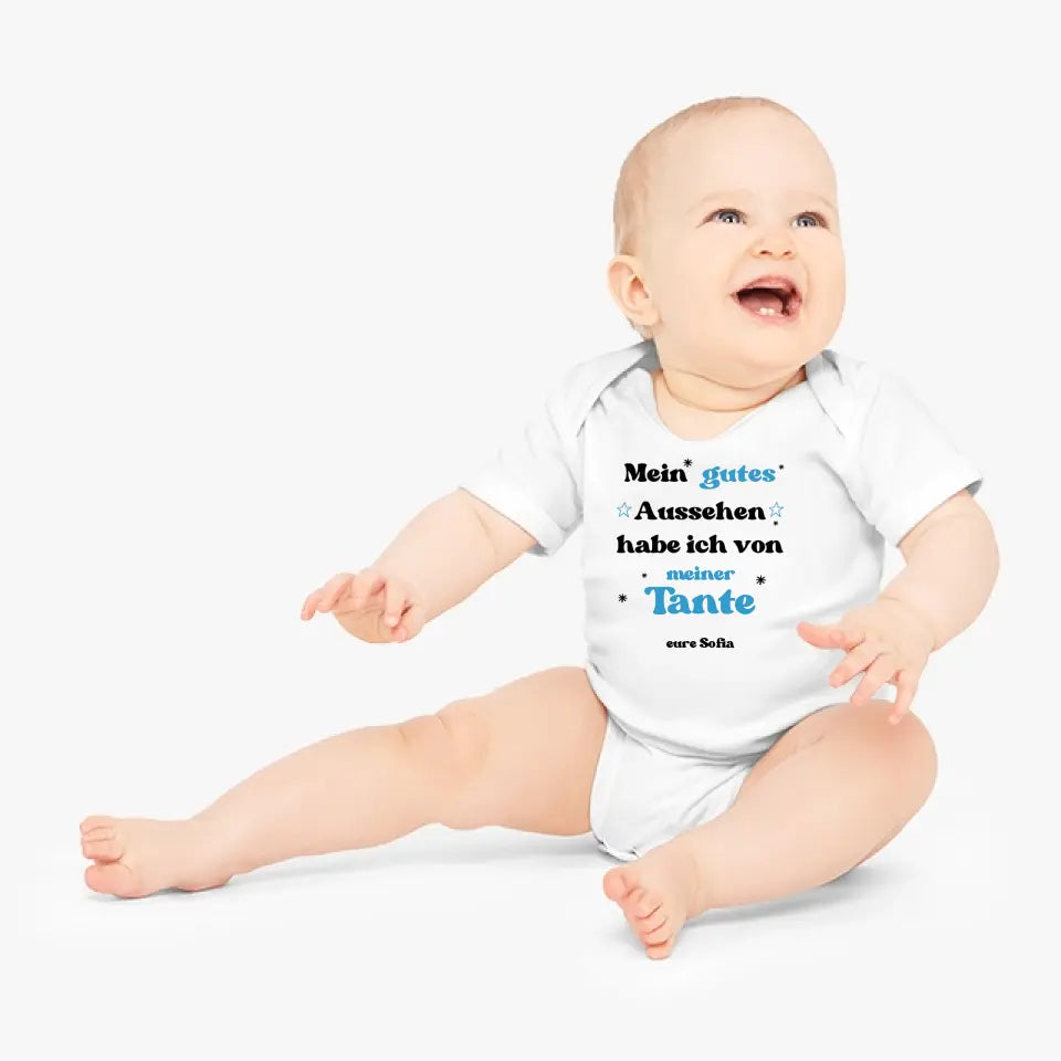 Mein gutes Aussehen habe ich von meiner TANTE - Personalisierter Baby-Onesie/ Strampler, Geburt Onkel, Tante, Oma, Opa, 100% Bio-Baumwolle Body