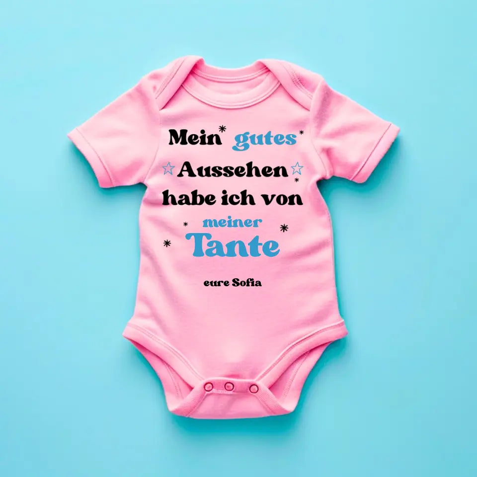 Mein gutes Aussehen habe ich von meiner TANTE - Personalisierter Baby-Onesie/ Strampler, Geburt Onkel, Tante, Oma, Opa, 100% Bio-Baumwolle Body