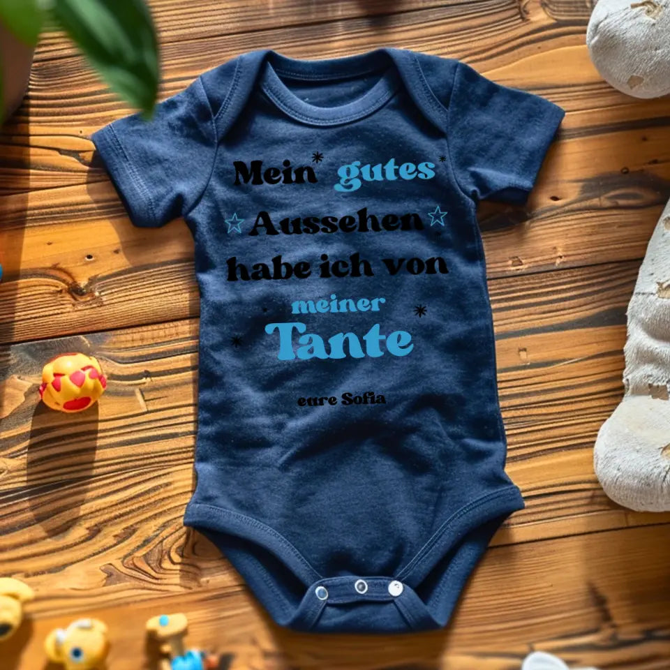 Mein gutes Aussehen habe ich von meiner TANTE - Personalisierter Baby-Onesie/ Strampler, Geburt Onkel, Tante, Oma, Opa, 100% Bio-Baumwolle Body