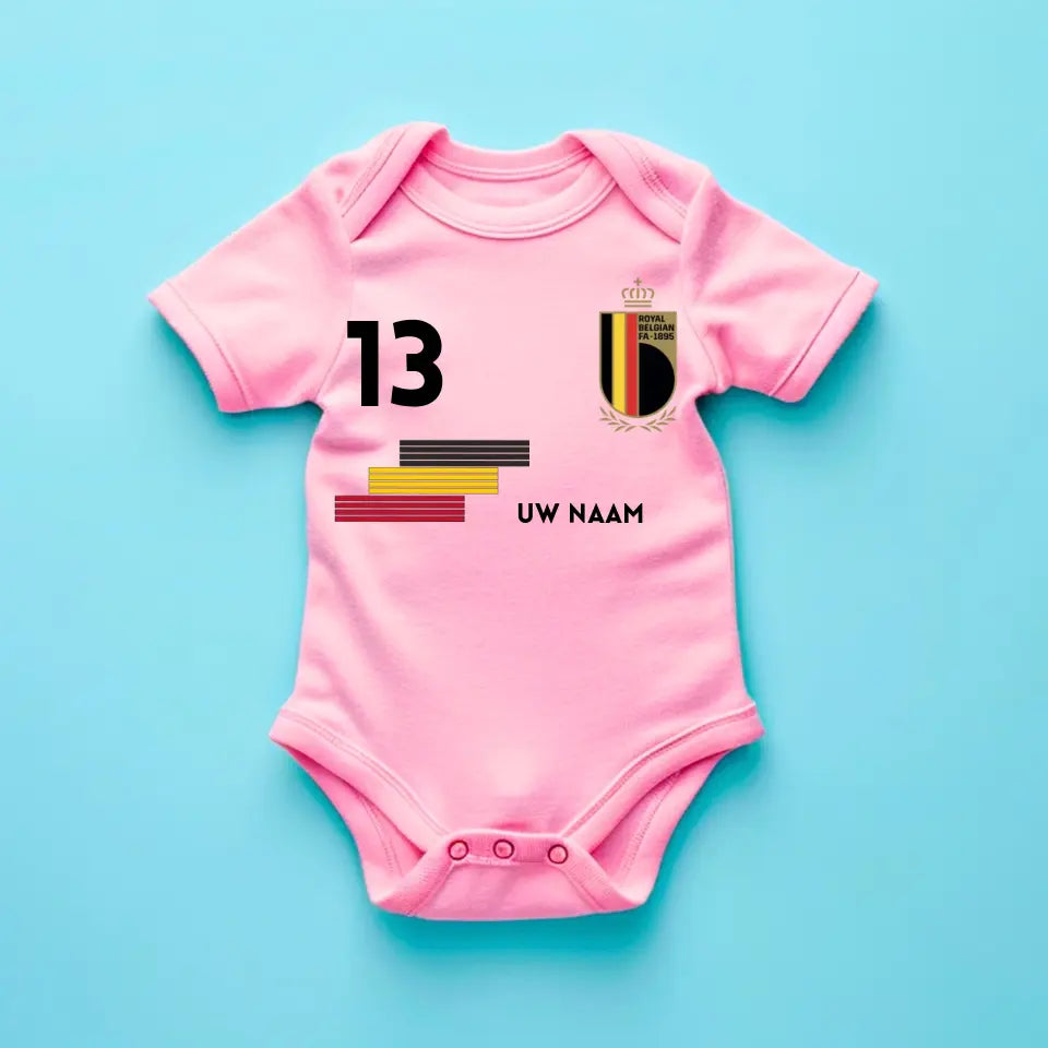 België voetbalshirt - Gepersonaliseerd babyrompertje met naam en rugnummer, 100% biologisch katoen