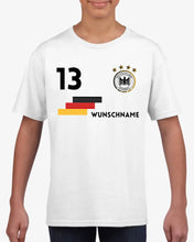 Cargar imagen en el visor de la galería, EM Deutschland Kinder-Trikot - Personalisiertes T-Shirt für Kinder, Fußball EM 2024(100% Baumwolle, individuelle Nummer &amp; Wunschname)
