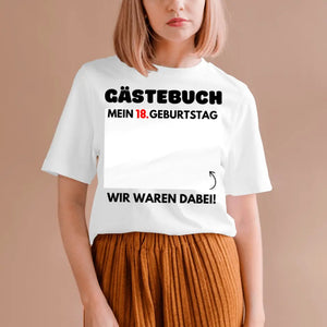 Gästebuch Geburtstag - Personalisiertes T-Shirt zum beschriften (100% Baumwolle, Unisex)