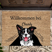 Cargar imagen en el visor de la galería, Personalisierte Haustier Fußmatte Hund &amp; Katze &quot;unterm Vorhang&quot; (1-4 Haustiere)
