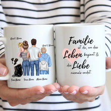 Cargar imagen en el visor de la galería, Personalisierte Familien Tasse &quot;Wo die Liebe niemals endet&quot; (1-4 Kinder + Haustiere)
