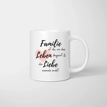 Cargar imagen en el visor de la galería, Personalisierte Familien Tasse &quot;Wo die Liebe niemals endet&quot; (1-4 Kinder + Haustiere)
