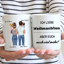 Cargar imagen en el visor de la galería, Personalisierte Familien Tasse &quot;Ich liebe Weihnachten, aber euch noch viel mehr&quot; (Eltern, 1-4 Kinder)
