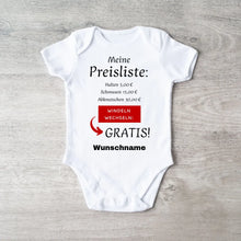 Cargar imagen en el visor de la galería, Baby Preisliste, Windeln wechseln gratis - Personalisierter Baby-Onesie/ Strampler, witziges Weihnachtsgeschenk, 100% Bio-Baumwolle
