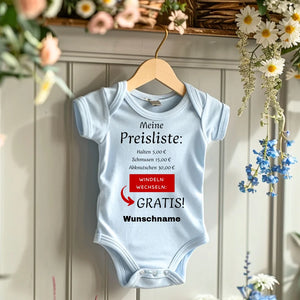 Baby Preisliste, Windeln wechseln gratis - Personalisierter Baby-Onesie/ Strampler, witziges Weihnachtsgeschenk, 100% Bio-Baumwolle