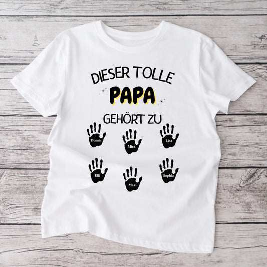 Dieser tolle Papa/Mama gehört zu - Personalisiertes Papa T-Shirt mit Handabdrücken Kinder/ Frau (100% Baumwolle, Unisex)