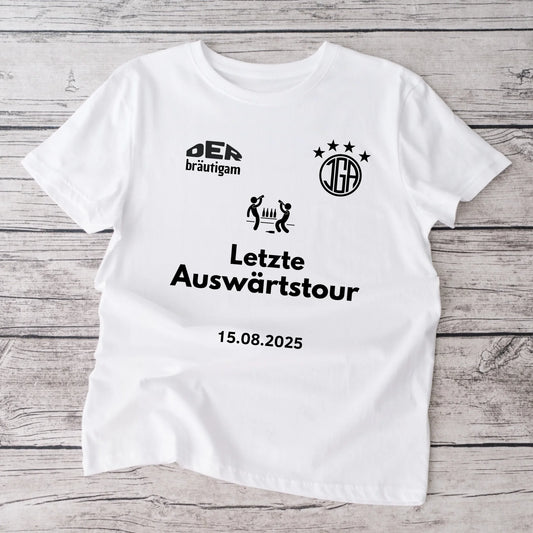 Letzte Auswärtstour, JGA Shirt Bräutigam + TEAM Personalisiertes Junggesellen-Abschieds-Shirt (100% Baumwolle, Unisex)