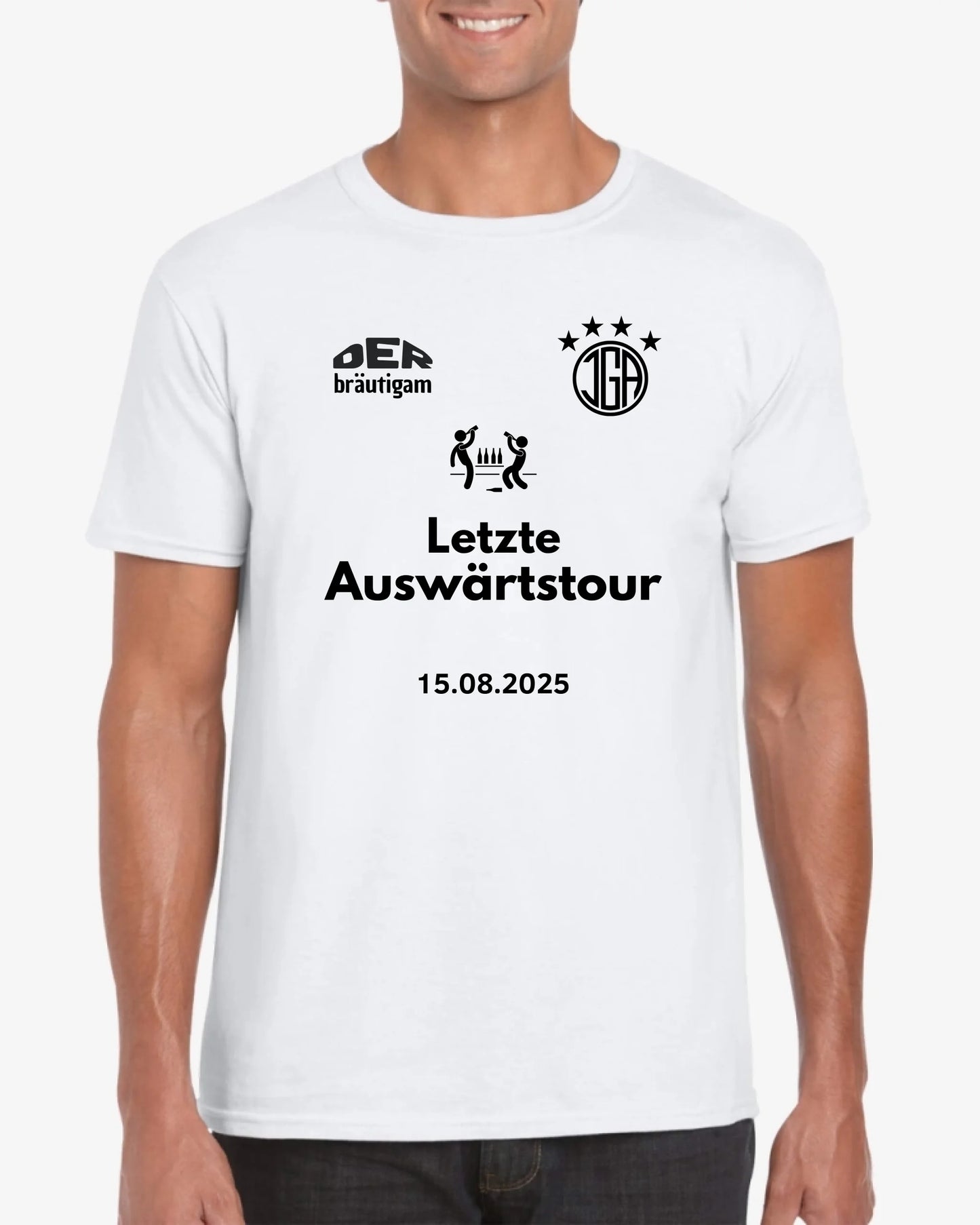 Letzte Auswärtstour, JGA Shirt Bräutigam + TEAM Personalisiertes Junggesellen-Abschieds-Shirt (100% Baumwolle, Unisex)