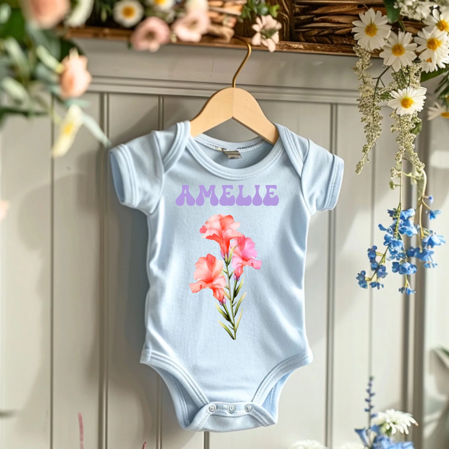Meine Geburtsblume - Personalisierter Baby-Onesie/ Strampler, 100% Bio-Baumwolle