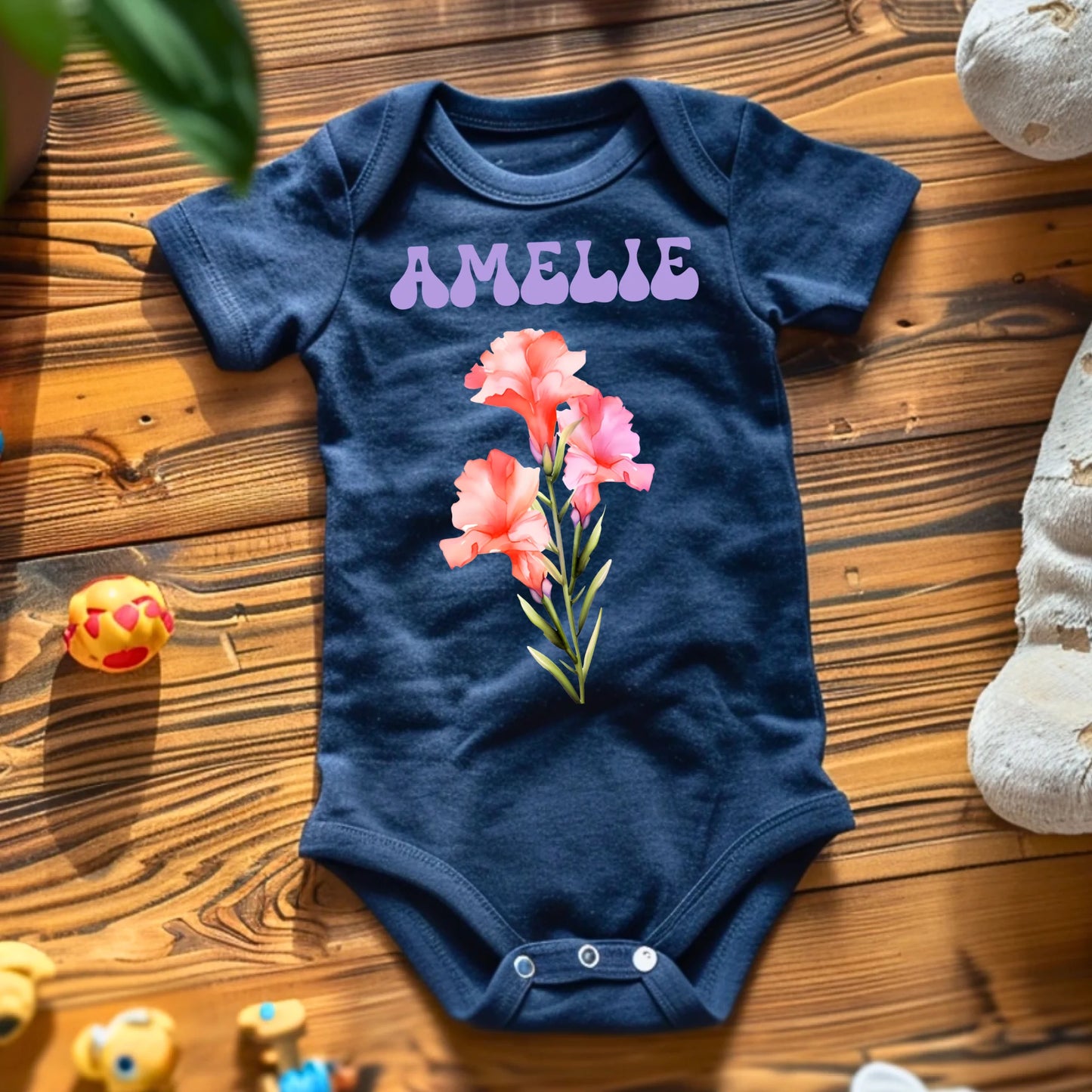 Meine Geburtsblume - Personalisierter Baby-Onesie/ Strampler, 100% Bio-Baumwolle