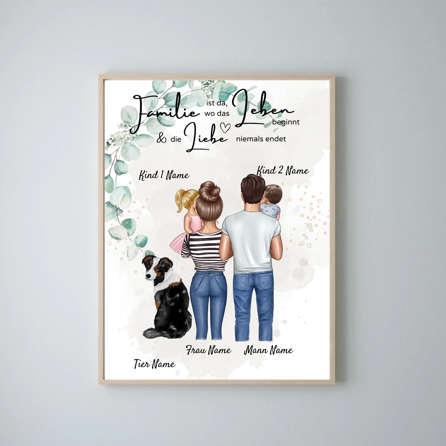 Meine Familie Poster - Personalisiertes Poster (Eltern mit 1-4 Kindern + Haustiere)