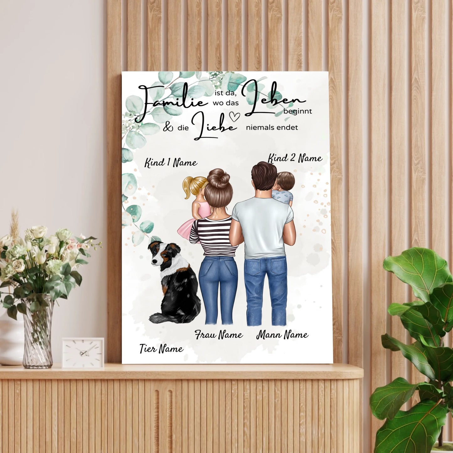 Meine Familie Poster - Personalisiertes Poster (Eltern mit 1-4 Kindern + Haustiere)
