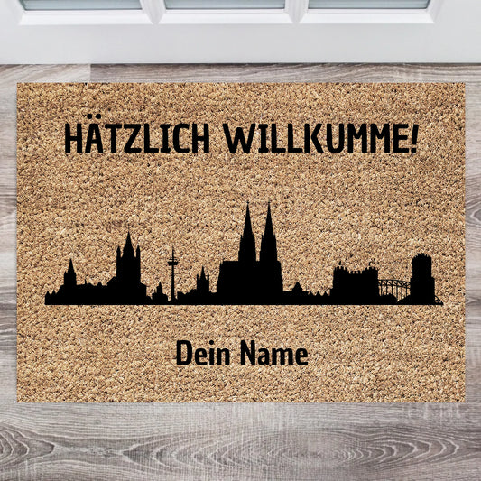 Köln Skyline, Hätzlich Willkumme! - Personalisierte Fussmatte