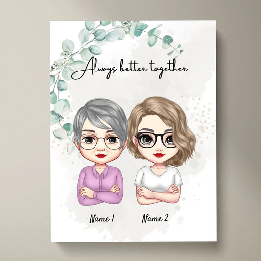 Mamá e hijas Chibi - Póster personalizado (2-3 mujeres)