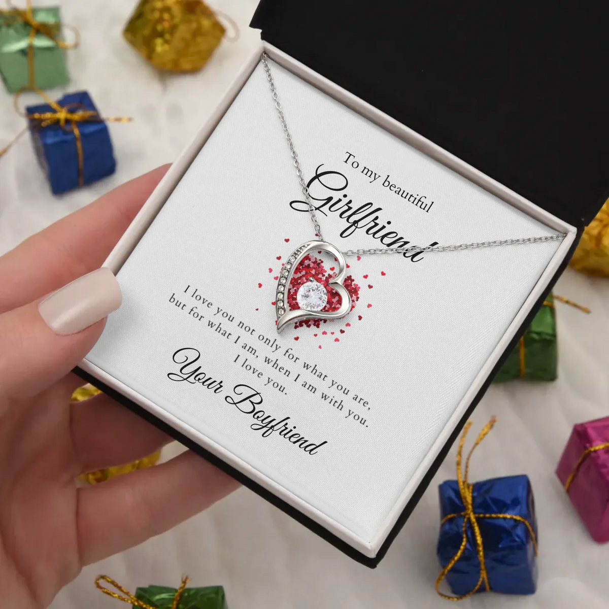 To my beautiful Girlfriend - Halskette mit Herzanhänger & personalisierter Karte