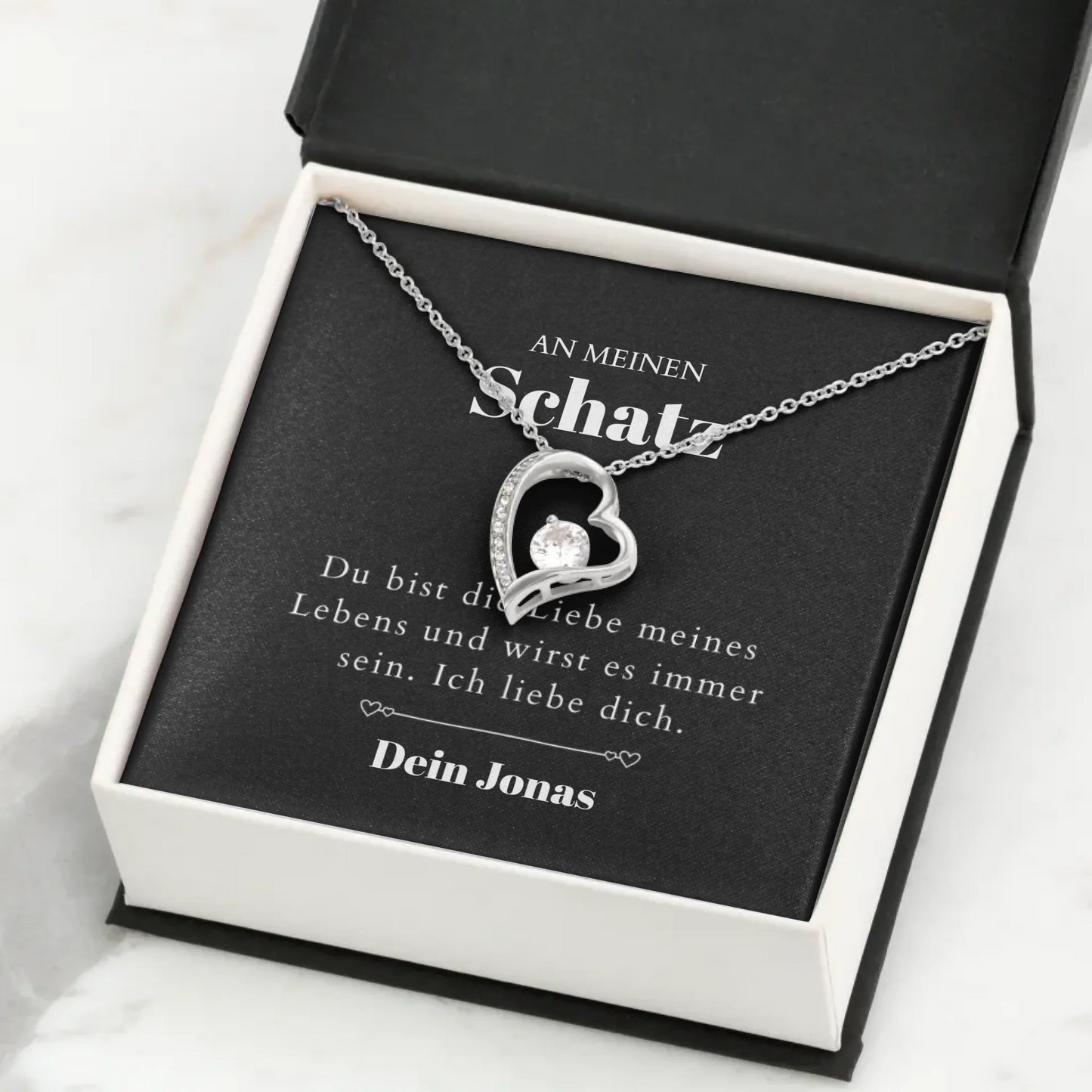 Liebe meines Lebens - Halskette mit Gold-Herzanhänger & personalisierter Karte (Valentinstagsgeschenk)