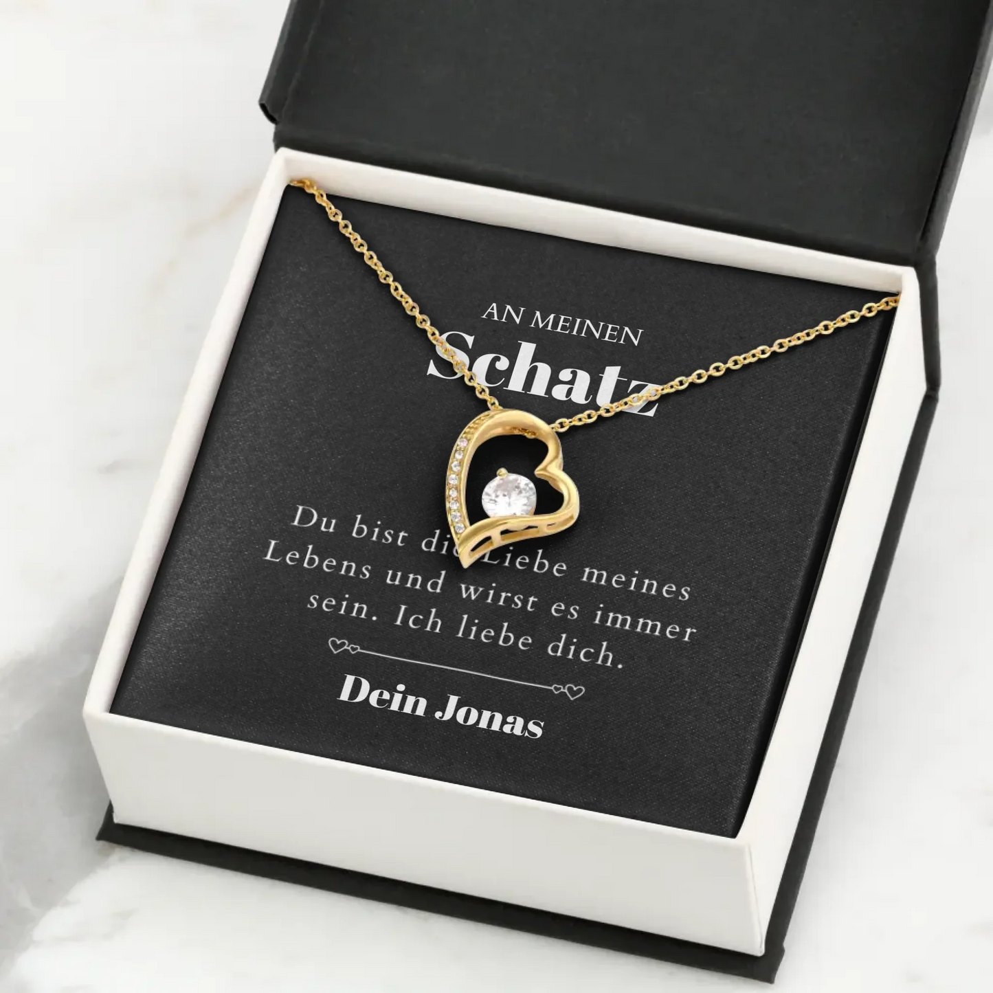Liebe meines Lebens - Halskette mit Gold-Herzanhänger & personalisierter Karte (Valentinstagsgeschenk)