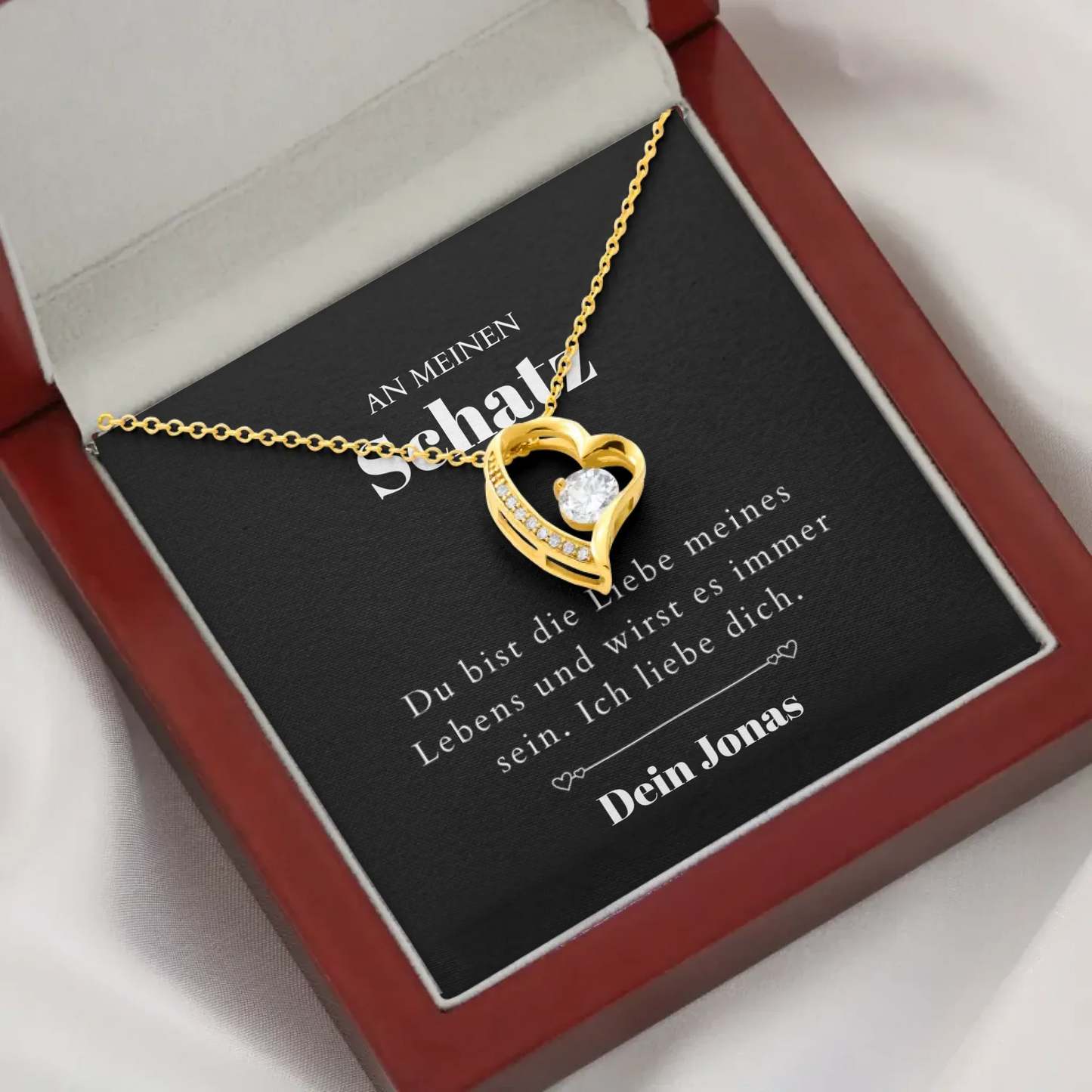 Liebe meines Lebens - Halskette mit Gold-Herzanhänger & personalisierter Karte (Valentinstagsgeschenk)