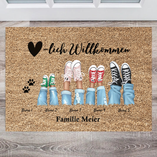 Herzlich Willkommen - Personalisierte Fußmatte für innen & aussen (2-8 Personen, Kinder & Haustiere)