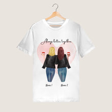 Cargar imagen en el visor de la galería, Beste Freundinnen Lederjacke mit Getränk - Personalisiertes T-Shirt (2-3 Personen)
